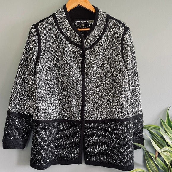 Karl Lagerfeld Paris Tweed One Button Cape Jacket M Black White Academia Coat - Picture 4 of 8